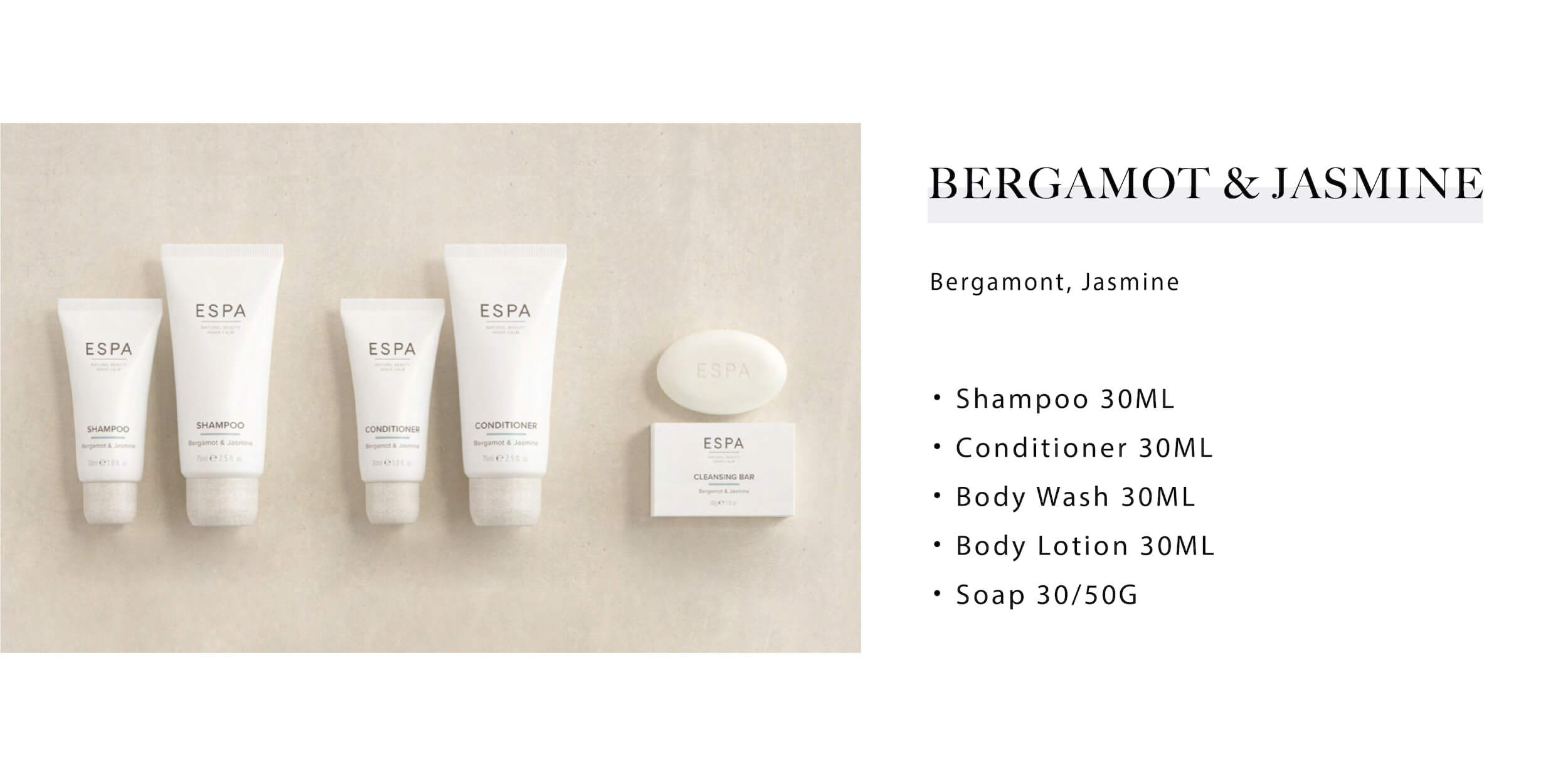 ESPA 飯店民宿沐浴用品Bergamot&Jasmine系列，由Sunlife飯店沐浴配品供應商提供