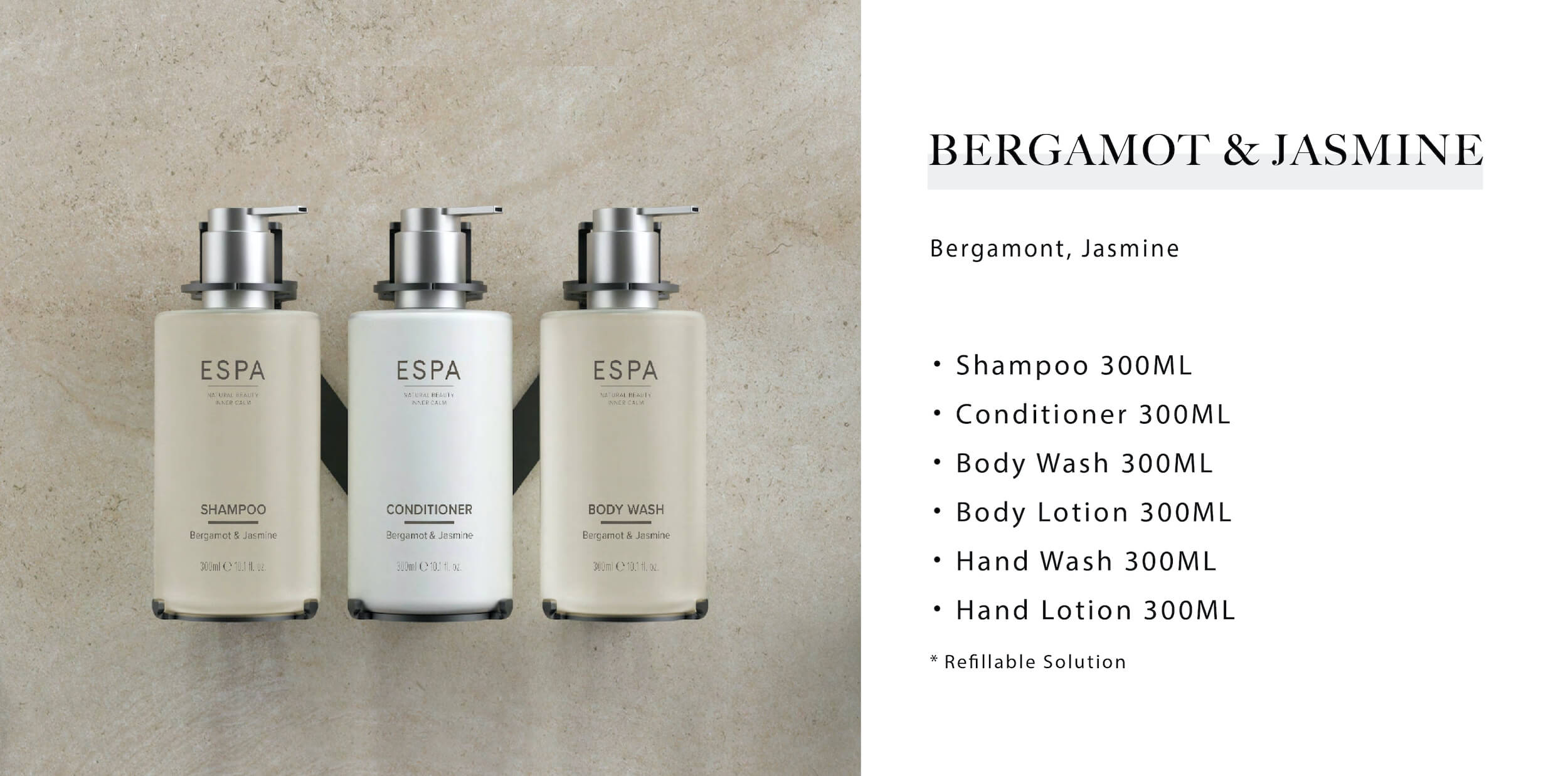 ESPA 飯店民宿沐浴用品Bergamot&Jasmine系列，由Sunlife飯店沐浴配品供應商提供