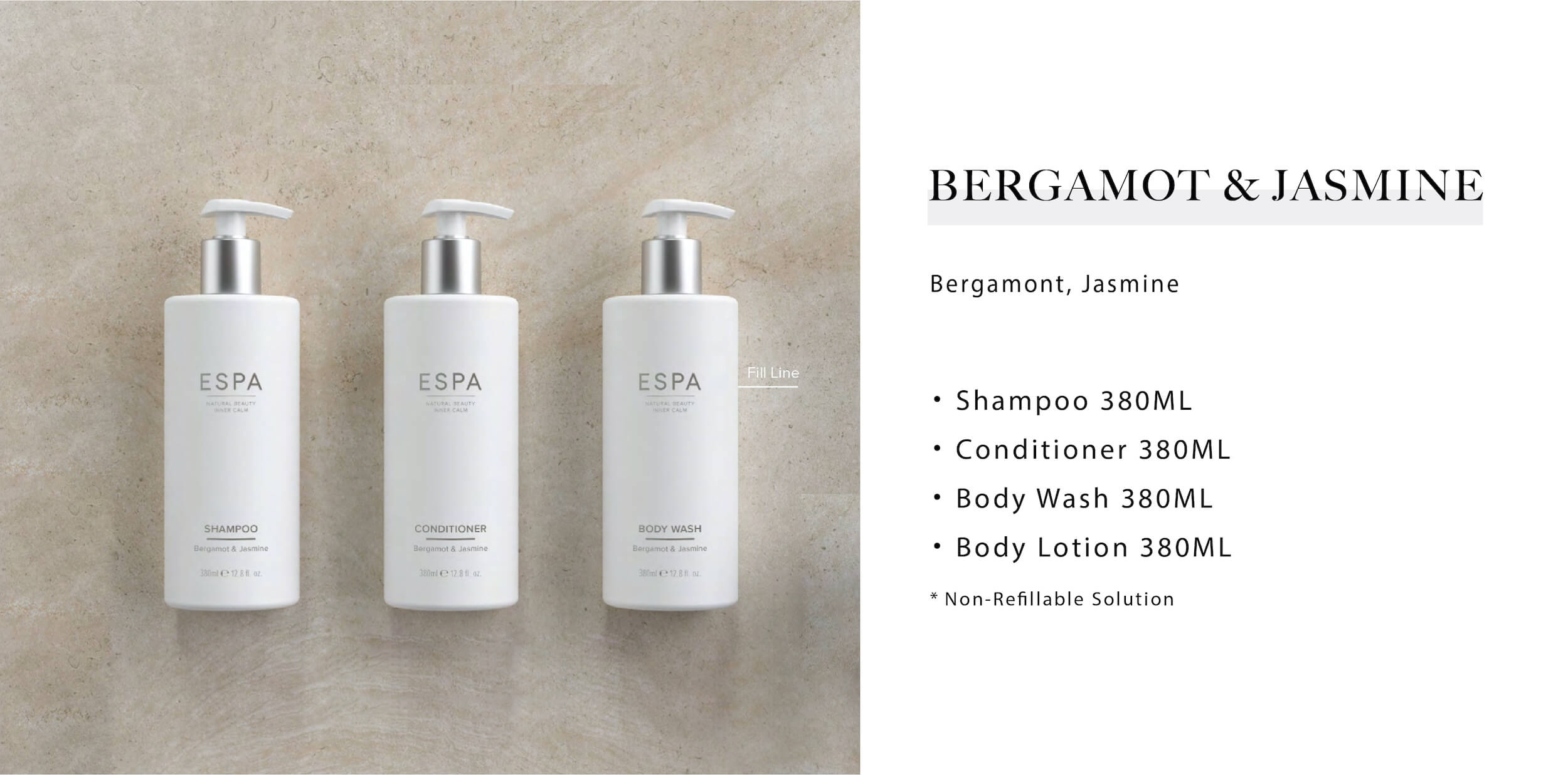 ESPA 飯店民宿沐浴用品Bergamot&Jasmine系列，由Sunlife飯店沐浴配品供應商提供